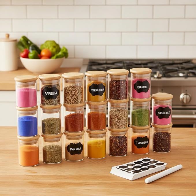 Roshtia Glass Spice Jars with Bamboo Airtight Lids Labels and Chalk Marker Food - Image 4