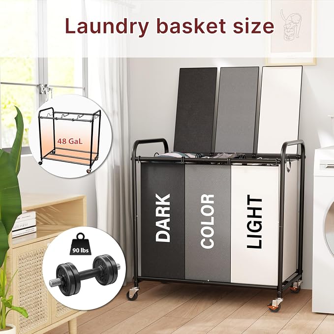 180L Laundry Sorter 3 Section – Heavy Duty Rolling Laundry Basket - Image 2