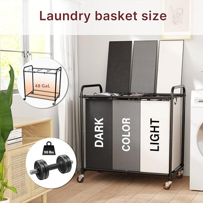 180L Laundry Sorter 3 Section – Heavy Duty Rolling Laundry Basket - Image 2