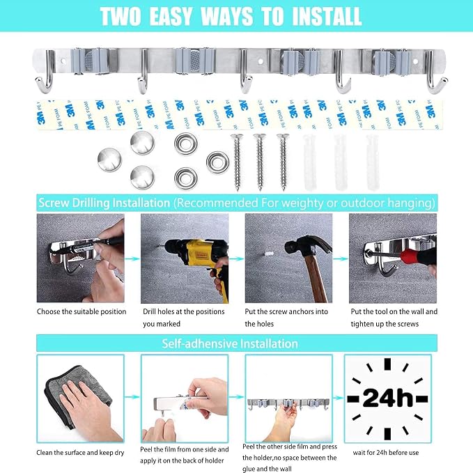 Broom Mop Holder Wall Mount Stainless Steel Tool Hanger Storage Organizer - Image 4