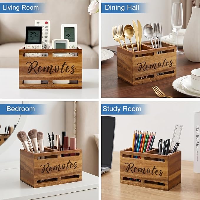 Hilislog Acacia Wood Remote Control Holder Wall Mount Wooden Caddy TV Remote - Image 8