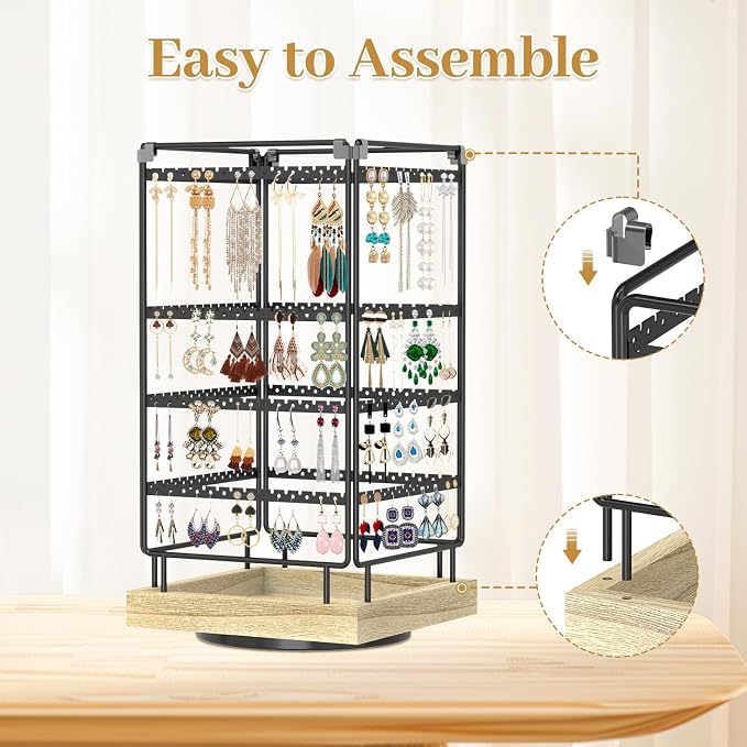 MODOWEY 4 Tier Rotating Earring Holder Organizer Metal Wooden Display Stand | - Image 5