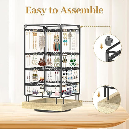 MODOWEY 4 Tier Rotating Earring Holder Organizer Metal Wooden Display Stand | - Image 5