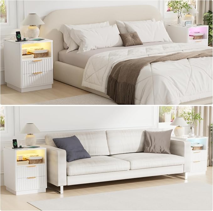 VOWNER Fluted Nightstand with Charging Station, 18” Night Stand with 2 Drawers - Image 8