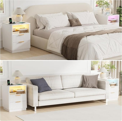 VOWNER Fluted Nightstand with Charging Station, 18” Night Stand with 2 Drawers - Image 8