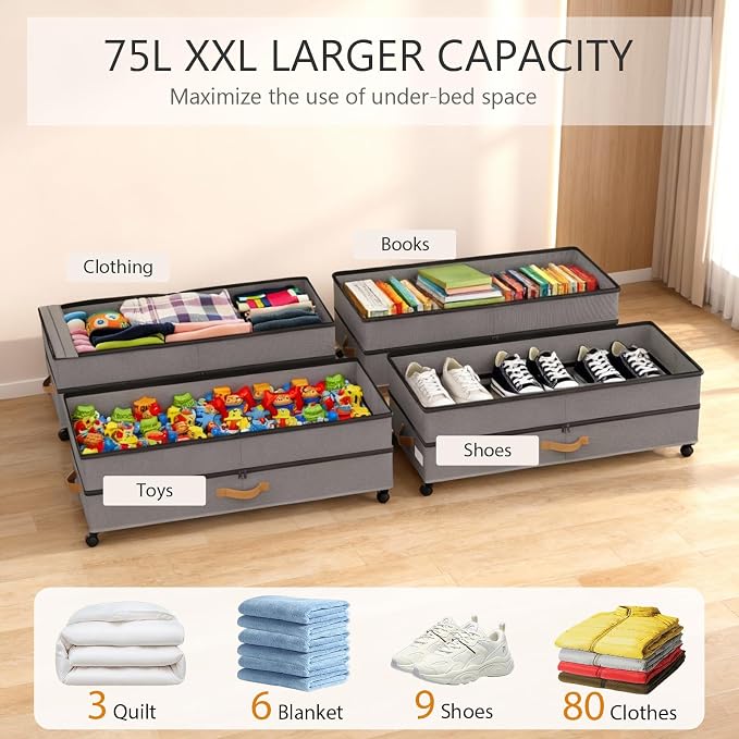 Under Bed Storage with Wheels 2-Pack, 75L XXL Under the Bed Storage Containers - Image 3