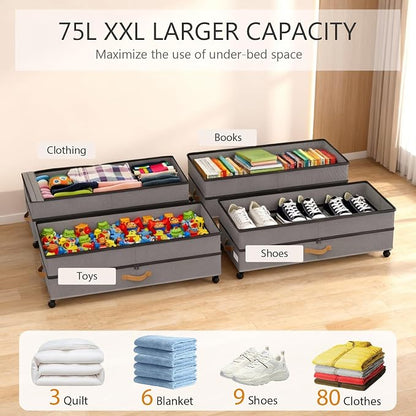 Under Bed Storage with Wheels 2-Pack, 75L XXL Under the Bed Storage Containers - Image 3