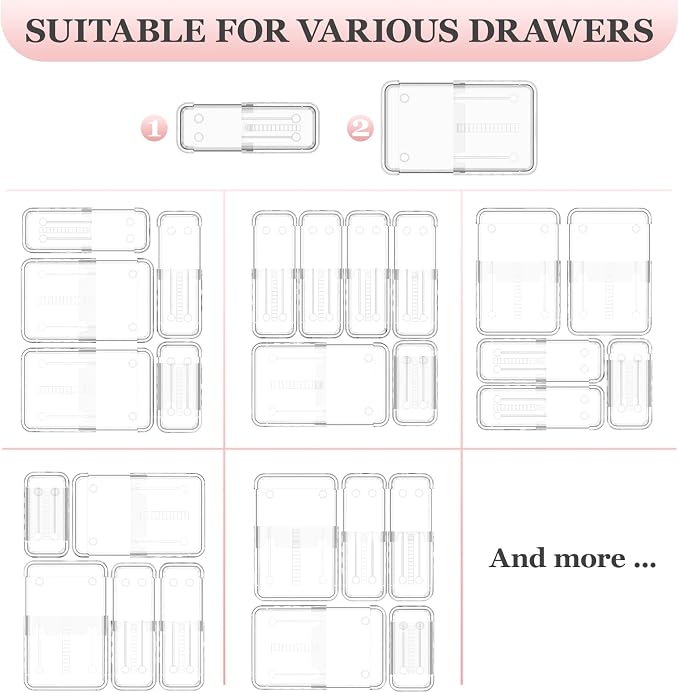 DILIBRA 12 Pcs Clear Extendable Drawer Organizer, Adjustable Drawer Storage - Image 7