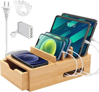 Bamboo Charging Station for Multiple Devices, Desktop Charger Organizer by LEOKKARR