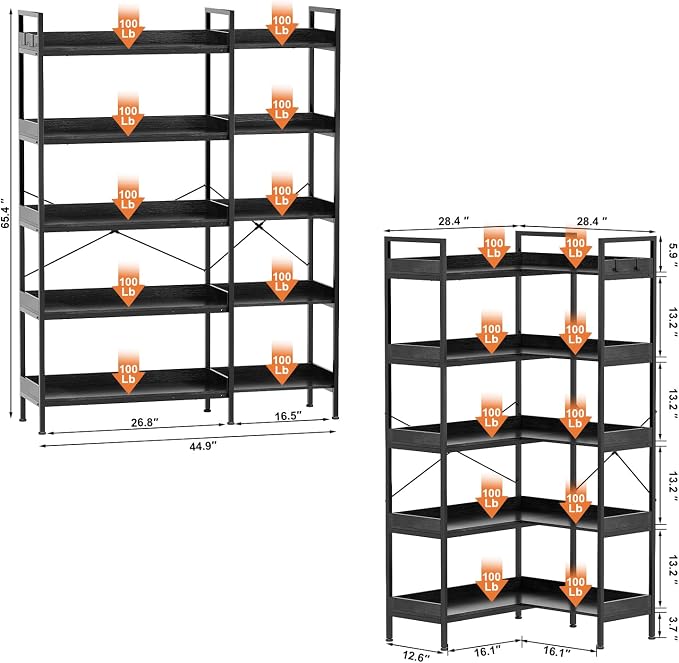 KOUSEI 5-Tier Corner Bookshelf, Reversible L-Shaped Bookcase - Image 3