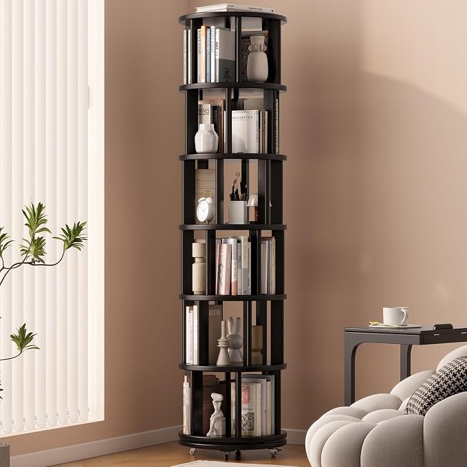 Solid Wood Rotating Bookshelf on Wheels, 6 Tier, Round Revolving Bookcase by Muwuele
