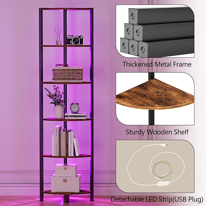 6 Tier Corner Shelf with LED Light, 67.5" Corner Narrow Bookshelf | Tall - Image 5