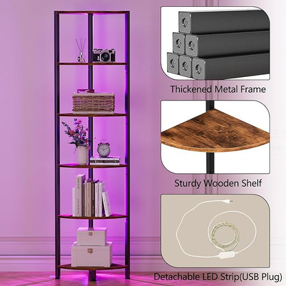 6 Tier Corner Shelf with LED Light, 67.5" Corner Narrow Bookshelf | Tall - Image 5