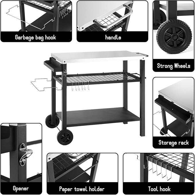 Dining Cart Table with Three Shelf, Movable Outdoor BBQ Grill Table Pizza Oven - Image 3