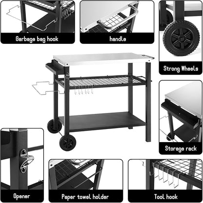 Dining Cart Table with Three Shelf, Movable Outdoor BBQ Grill Table Pizza Oven - Image 3