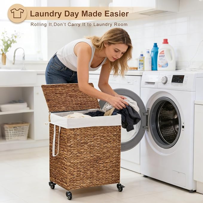 2-Section Laundry Hamper with Lid, Large Capacity Woven Natural Water Hyacinth - Image 4