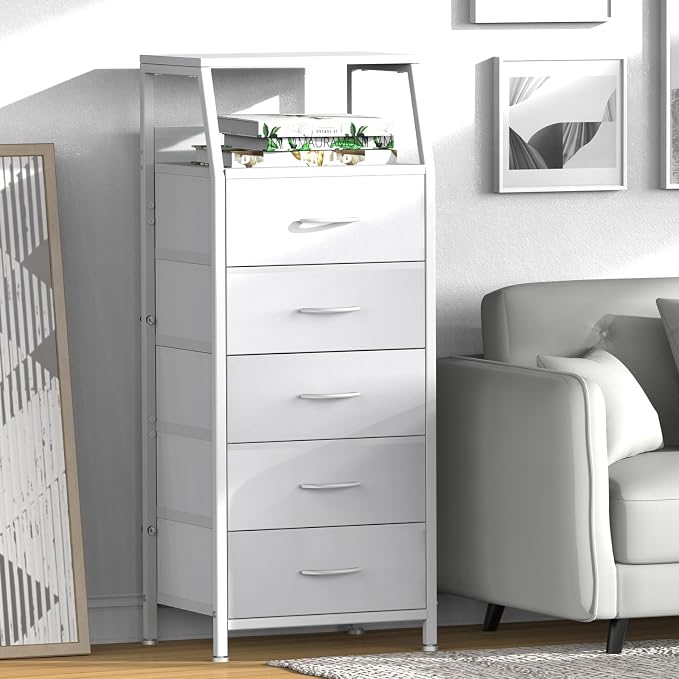 5 Drawers White Tall Fabric Dresser - Image 2