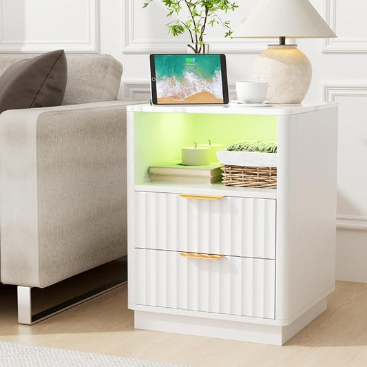 VOWNER Fluted Nightstand with Charging Station, 18” Night Stand with 2 Drawers by VOWNER
