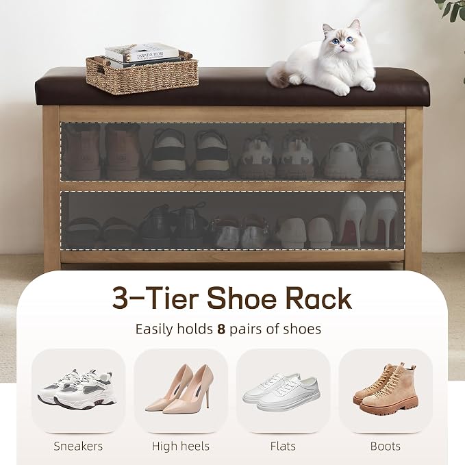 Zihanhome Shoe Rack Bench with Leather Cushion, 2 Tier Solid Wood Storage Bench - Image 5
