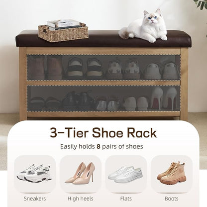 Zihanhome Shoe Rack Bench with Leather Cushion, 2 Tier Solid Wood Storage Bench - Image 5