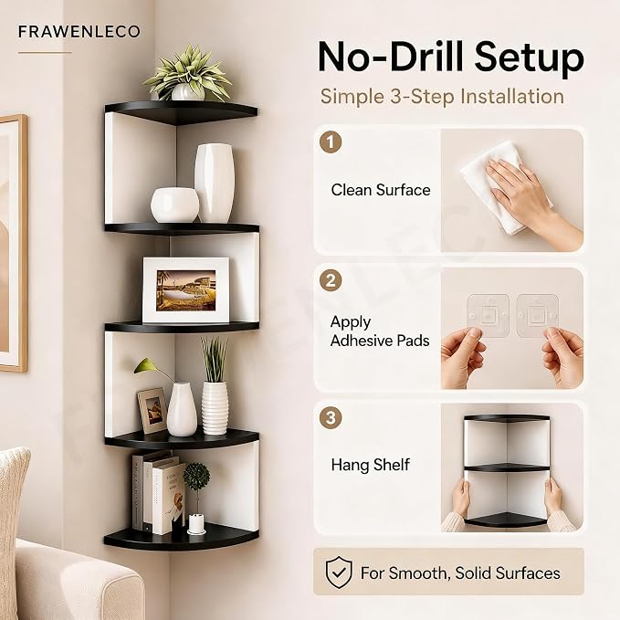 No-Drill Corner Shelf Wall Mount, 5-Tier Floating Corner Bookshelf - Image 3