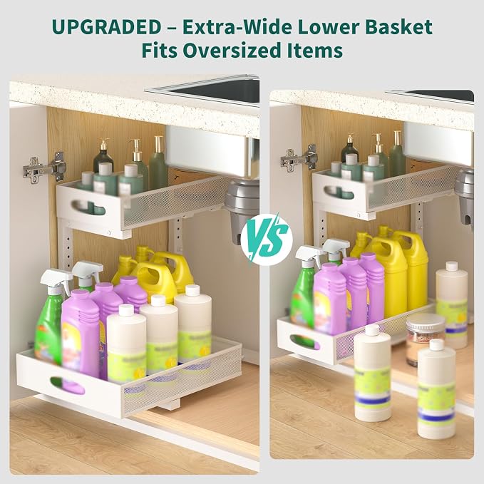 Under Sink Organizer, Extra-Wide Upgrade, 2 Pack 2 Tier Metal Slide Out Cabinet - Image 4