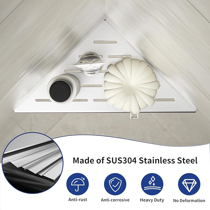 Corner Shower Shelf 10", Brushed 304 Stainless Steel Slot Design Recessed - Image 5