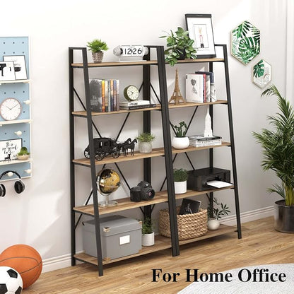 BON AUGURE Industrial 5 Tier Ladder Bookshelf, Wood and Metal Ladder Shelf - Image 7