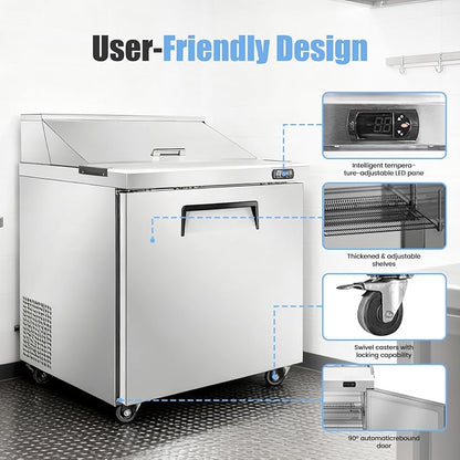 29" W Commercial Refrigerator Sandwich Salad Prep Table, Stainless Steel 1-Door - Image 2