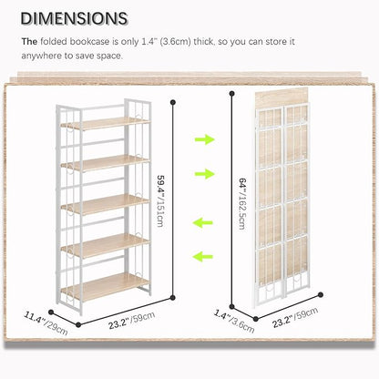 4NM No Assembly 5 Tiers Folding Bookshelf, 59.4" H Foldable Storage Shelves - Image 2