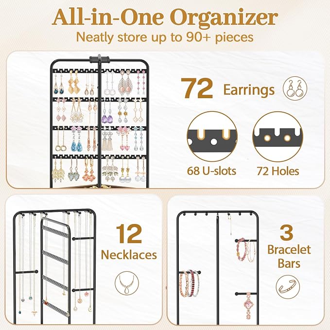 MODOWEY Earring Necklace Holder Organizer Wood Rotating Jewelry Tree, Burnt | - Image 2