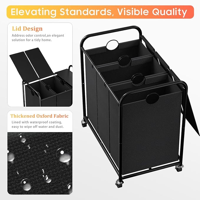 180L Laundry Sorter 3 Section, Rolling Laundry Basket - Image 4