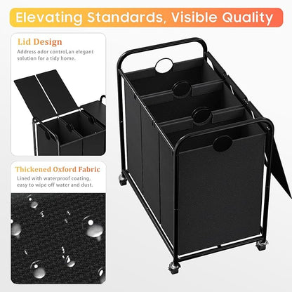 180L Laundry Sorter 3 Section, Rolling Laundry Basket - Image 4