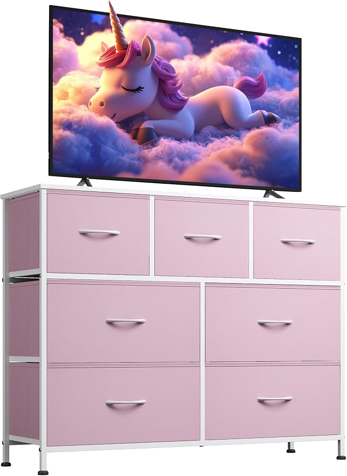 WLIVE Dresser for Bedroom, 7 Drawers, TV Stand, A-Pink | 7 roomy fabric drawers by WLIVE