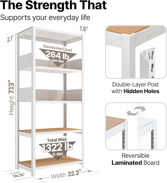 HOMEDANT House White 32" W 5 Tier Pegboard Storage Shelves Heavy Duty | - Image 2