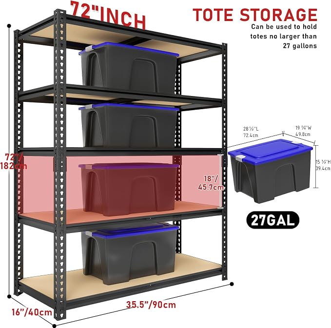 72" H Heavy Duty Garage Shelving, 2400LBS Capacity 5-Tier Storage Shelves - Image 3