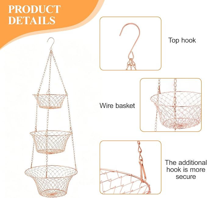 2PCS 3 Tier Hanging Fruit Basket Wire Kitchen Storage Organizer | Rose Gold - Image 3