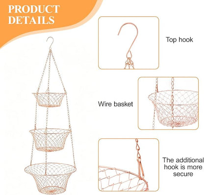 2PCS 3 Tier Hanging Fruit Basket Wire Kitchen Storage Organizer | Rose Gold - Image 3