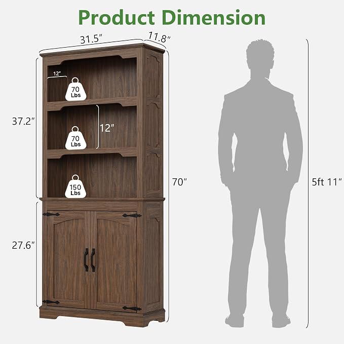 70 Inch Farmhouse Bookcase, Walnut Two-Tone Shelves, 5 Tier Bookshelf - Image 2