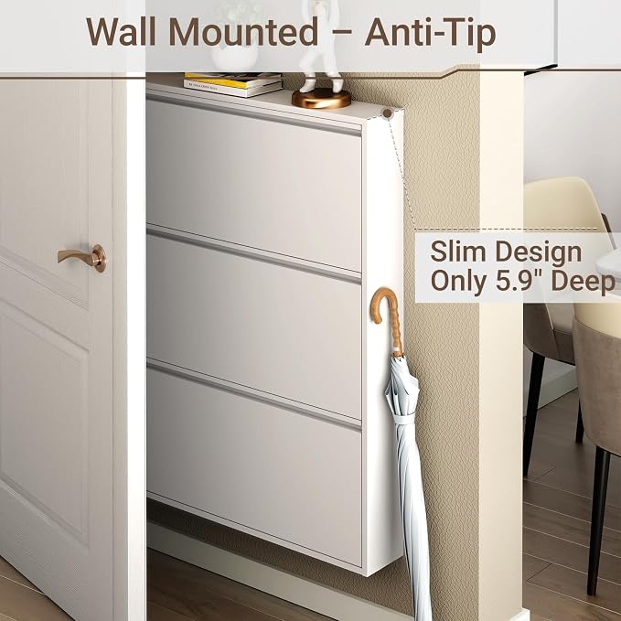 Metal Shoe Cabinet with 3 Flip Drawers, Slim Wall Mounted, Hallway and Mudroom - Image 4