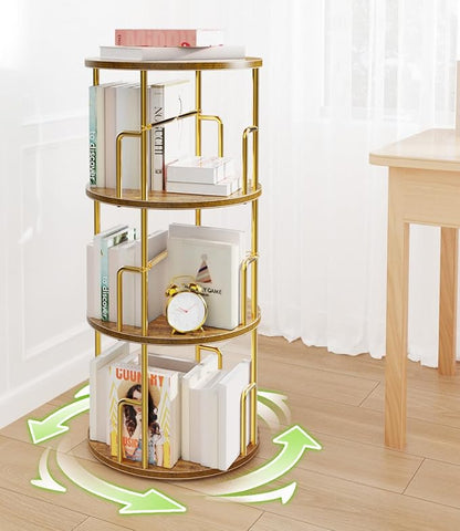 3 Tier Rotating Bookshelf Tower Round Gold, 37” Floor Standing Spinning by Amzeth