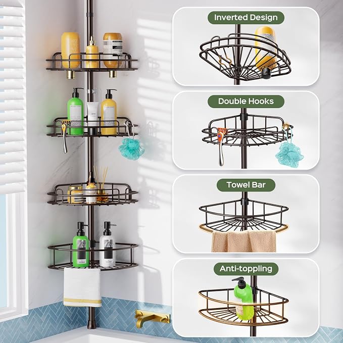 HAMITOR Shower Caddy Tension Pole: 4-Tier Rustproof Bathroom Corner Shelf - Image 5