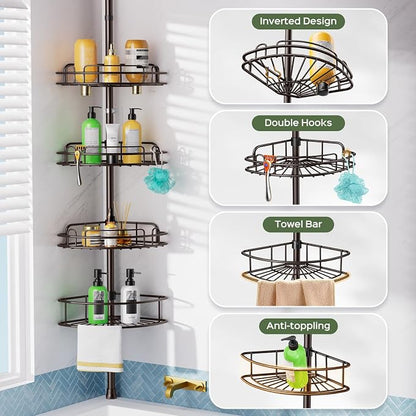 HAMITOR Shower Caddy Tension Pole: 4-Tier Rustproof Bathroom Corner Shelf - Image 5