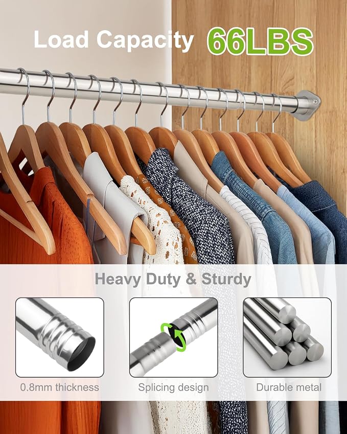 Closet Rod 1 Pack, Adjustable Clothes Haning Rod 66 to 76 Inches, Stainless - Image 3