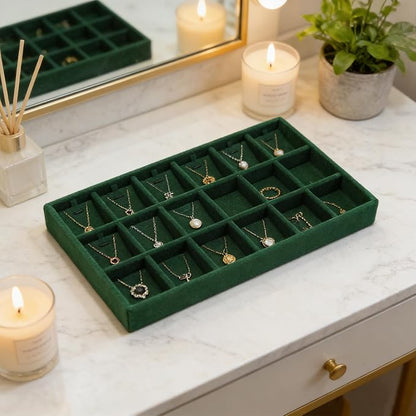 Velvet Jewelry Organizer Trays Dark Green 18 Grids | Stackable Jewelry Storage - Image 5