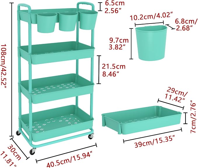 JIUYOTREE 4-Tier Plastic Rolling Storage Cart Utility Cart - Image 2