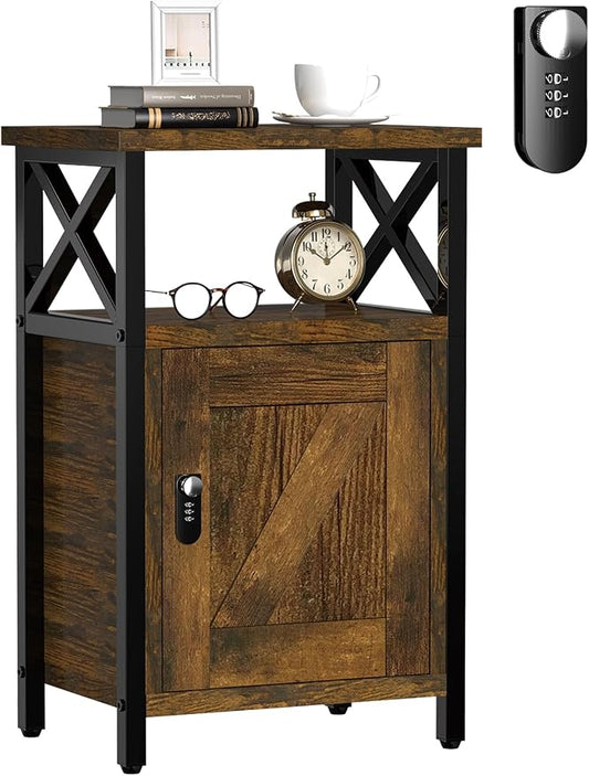 runjuly Wooden Nightstand with Lock Storage Cabinet, Rustic Brown | Locking by Home