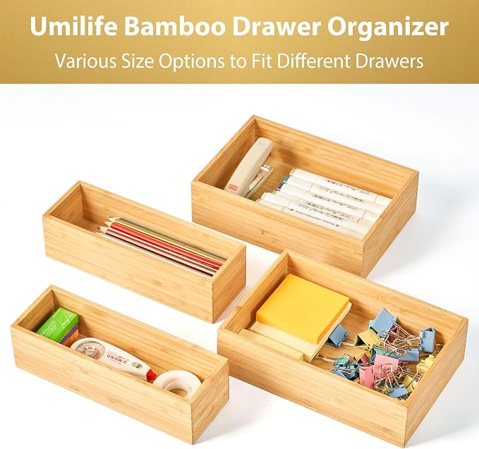 Umilife Bamboo Kitchen Utensils Organizer, Extra High Silverware Drawer Tray - Image 4