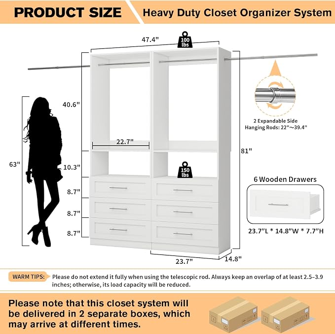 Closet System with 2 Sets, 4FT-10FT Customizable Closet Organizer System with 6 - Image 2