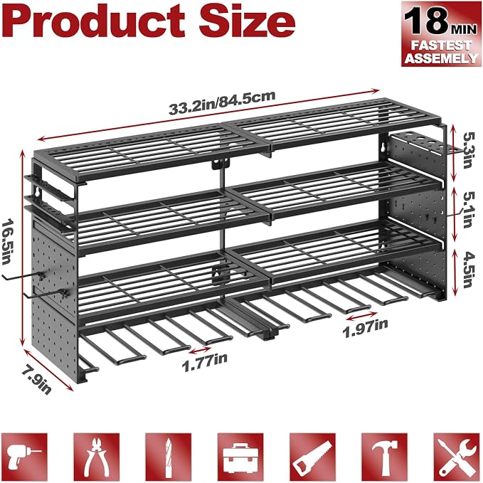 4 Tier Power Tool Organizer Wall Mount, 8 Cordless Tool Rack, 320LBS Heavy Duty - Image 2